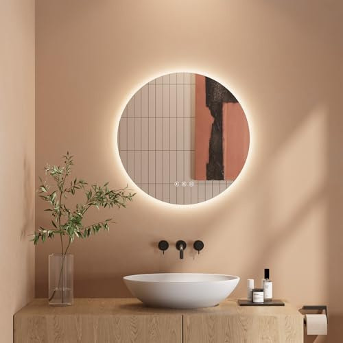 Dripex Badezimmerspiegel Led Badspiegel Rund, Touch-Schalter, Dimmbar, 3 Lichtfarbe Einstellbare Spiegel Bad mit Beleuchtung, LED Wandspiegel mit Licht, Beschlagfrei 50x50 cm