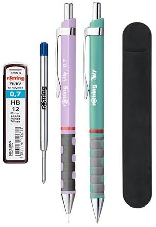 rOtring Tikky Pastell-Kugelschreiber & Druckbleistift-Set, blaue Tinte (M), HB 0,7 mm, Orchidee & Meerblau, Samt-Federmäppchen + Ersatzminen
