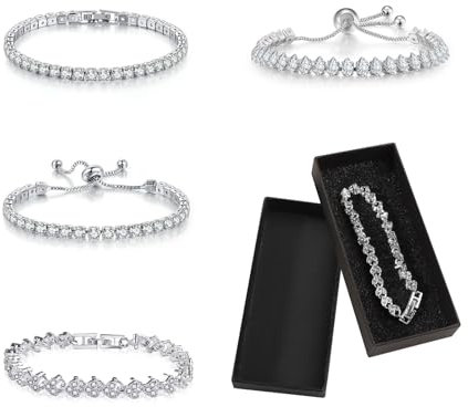 UYUYong 4 Stück Tennisarmband Silber Cubic Strasssteine Armband mit Box Elastische Kugelarmband Tennis Bracelet für Frauen Mädchen Ehefrau Mutter Schmuck Geschenk