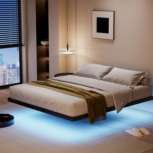 qimamo 10 Inch Floating Queen Bed Frame with Smart LED Lights and Charging Station, Modern Metal Queen Bed Frame, Easy to Assemble, No Box Spring Needed (Queen)