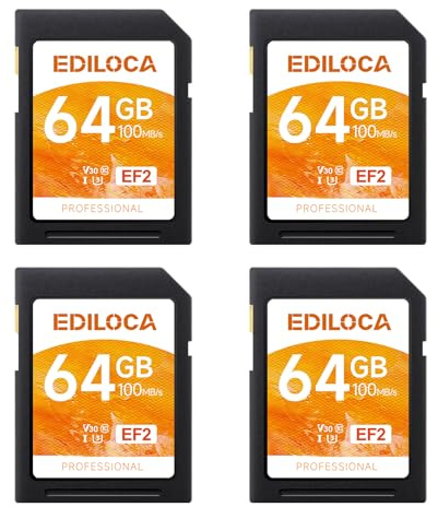 Ediloca SD Card 64GB, 4Pcs, Memory Card, Up to 100MB/s, UHS-I, C10, U3, V30, Full-HD & 4K Video, DSLR Camera SD Card, Must-Have for Professional Photographers(EF2)