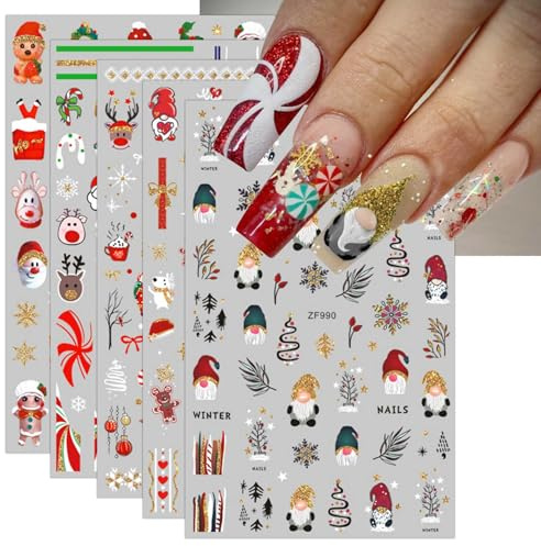 JMEOWIO Nagelsticker Weihnachten Glitzer 10 Blatt Nail Art Sticker Selbstklebend Nagelaufkleber Gold Schneeflocke Winterferien Süß Dekoration Nageldesign Zubehör