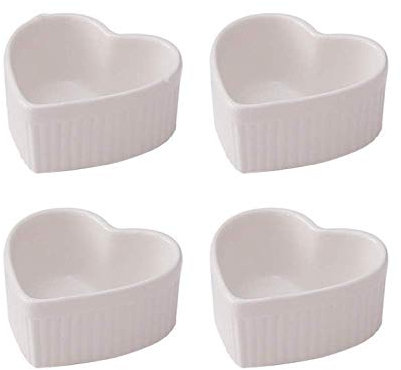 Set of 4 Blue Ceramic Heart Shaped 4 oz Ramekins - Dessert Bowl for Baking Cakes, Jams, Souffle, Creme Brulee - Kitchen Bakeware Kit with Removable Silicone Cups and Recipe Booklet