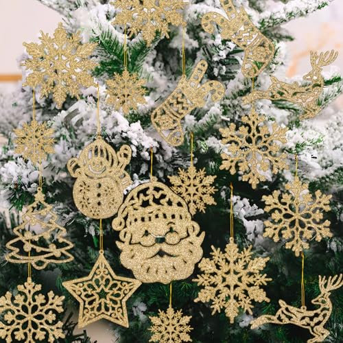 Weihnachtsbaum Deko -42 Stück Gold Glitter Schneemann Rentier Weihnachtsmann Schneeflocken Ornamente Glitter Weihnachtsbaumschmuck in 10 Verschiedene Form und mitglieferte sibberne Fäden