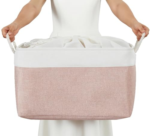 Mangata Aufbewahrungsboxen aus weichem Stoff, verschiedene Größen, rechteckige Behälterkörbe für Regal, Kleiderschrank, Spielzeug und Kleidung, 45 x 35 x 24 cm, Rosa und Weiß (XL, 1 Stück)