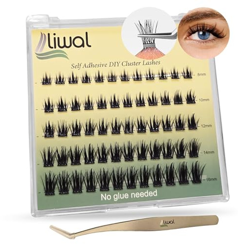 Liwal Self Adhesive Eyelashes, No Glue No Remover Needed 60 Pcs C Curl 8-16mm Pre-Glued Cluster Lashes, Reusable Press-On Eyelashes with Tweezer (LW-Massif 8-16 Mix)