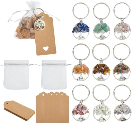 SUPERFINDINGS Llavero con árbol de la vida, 18 unidades, llavero con chip de piedras de cristal natural, etiquetas y bolsas para bodas, dorado