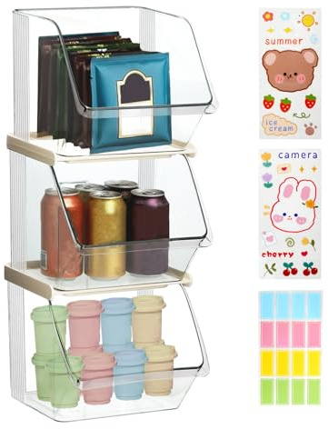 Jiayaus 3 Pcs Acrylic Tea Bag Storage, Stackable Coffee Pod Holder | Clear Acrylic Coffee Station Organiser, Open Drawers with Stickers and Label, Coffee Pod Teabag Snacks Kitchen Home Office