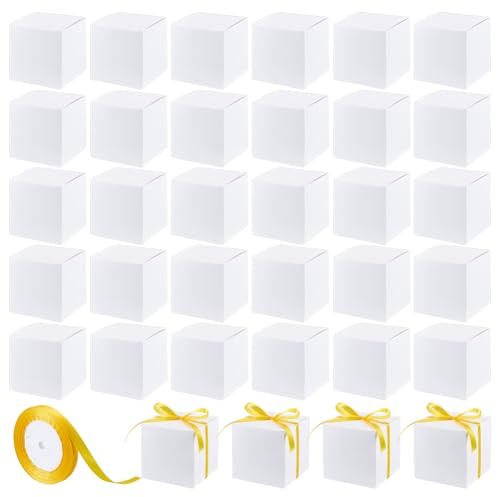 BENECREAT 50 x Weiße Pappschachtel. Rechteckige Geschenkboxen Aus Kraftpapier Mit 22 m Band Zum Verpacken von Schmuck Geschenken Und Partygeschenken 10x10x10cm