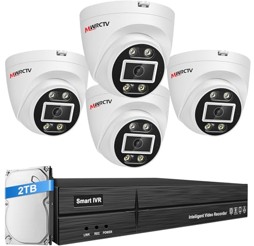 4PCS 2-Way Audio 4MP Dome Camera 16CH 4K 2TB HDD NVR POE Security System | MWRCTV 2.8mm HD lens,AI Human & Vehicle Detection,Color Night Vision,Warning Reminder,16ch 4K Video Input 8CH POE Port