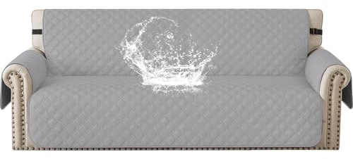 YSTELLAA 100% Wasserdicht Sofa Überzug 3 Sitzer, Sofabezug rutschfest, Gesteppte Sofaüberzug Mit Seitentaschen, Couchschoner, Couch Überzug Kratzfest Für Haustiere Hunde Katzen, Hellgrau