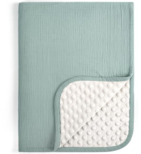 lulumoon Musselin Decke Baby für Neugeborene - Babydecke aus Baumwolle | Weiche Oeko-TEX Standard – Leicht Musselin & Minky Babydecke für Jungen und Mädchen 76x101cm(Salbei)