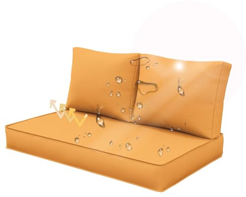 Palettenkissen Outdoor Wasserdicht 120x60cm, Palettenpolster Set - Paletten Kissen 120x60 + Palettensofa Rückenlehne 60x40, Auflagen für Paletten Europaletten Palettenmöbel Balkon Sitzkissen, Gelb