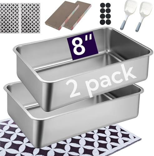 Spindro 2-pack kattlåda i rostfritt stål med höga sidor – stor metallsandpanna, inkluderar kattmatta, skopa och repdyna, luktfri, lätt att rengöra för katter och kaniner