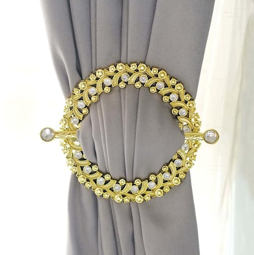 Efavormart 2 Pack 7 inch Gold Round Curtain Tie Backs, Premium Acrylic Crystal Brooch Holdbacks for Large Backdrop Drapes and Ceremony Altars