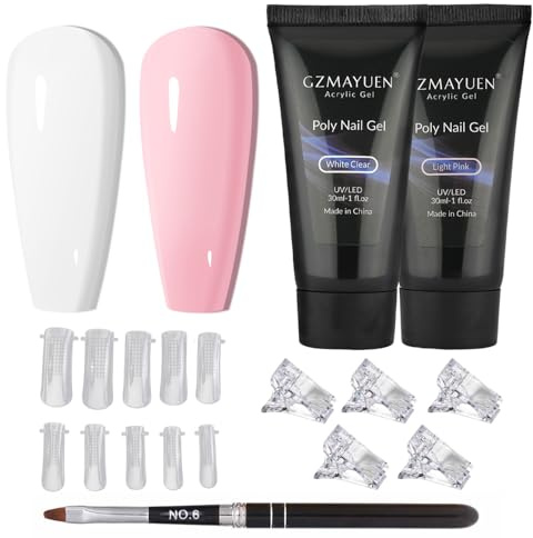 GZMAYUEN Set di Gel per Unghie, 30ml di Gel per Unghie in Acrilico Rosa e Bianco per Unghie con Spazzola per Unghie e Tips per Unghie, Gel per l'estensione delle Unghie per Principianti