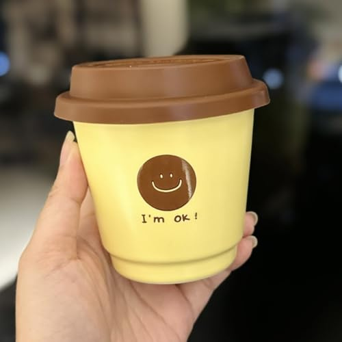 Hosoncovy 230ML Reusable Ceramic Coffee Cup with Silicone Lid Small Travel Coffee Mug Tea Cup (Yellow)