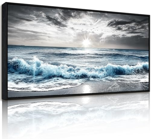 JHHUAMO Moderne Meer Bilder mit Rahmen Wohnzimmer Schlafzimmer 50x100 cm | Sonnenaufgang-Meeresmotiv, Hochwertiger Druck, Exquisite Handwerkskunst, Einfache Montage, Vielseitig Einsetzbar