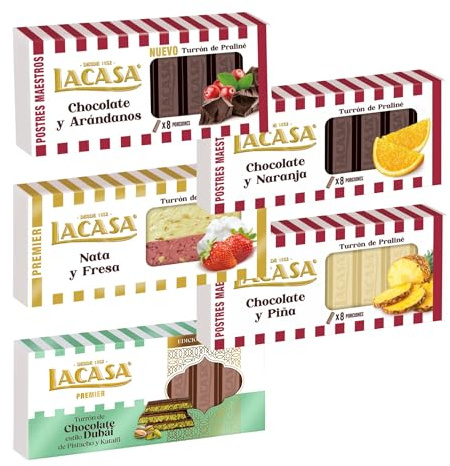 Pack Surtido 5 Turrones Lacasa:Chocolate y Arándanos, Cacao y Naranja, Cacao y Piña, Nata y Fresa, Chocolate estilo Dubai con Pistacho y Kataifi