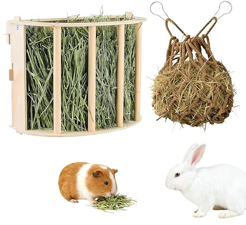 2 en 1 comedero y red de heno de madera, accesorios para jaula de conejos con dispensador de comida y red de heno colgante para conejos, cobayas, chinchillas, aves de corral, pollitos