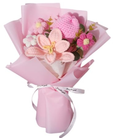 CCUUHJ Handmade Crochet Flower Bouquet, Mixed Floral Arrangement with Tulips, Lily, Daisy, Eucalyptus,Decorative Gift for Teachers,Women,Valentine's Day (Pink)