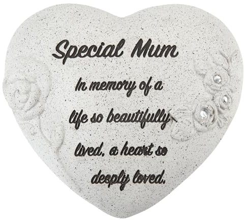 PMS Adorno especial de corazón conmemorativo para mamá, homenaje a tumba de poliresina con detalles florales y diamantes, recuerdo de condolencias para cementerio, jardín o hogar, 16 x 14 cm