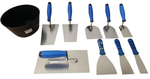 Maurerkellenset 9-tlg. Kellenset Glättekelle Trapez-Kelle Spachtelkelle Stuckateurkelle Malerspachtel + Gipsbecher Gratis Fassadenspachtel 150 mm