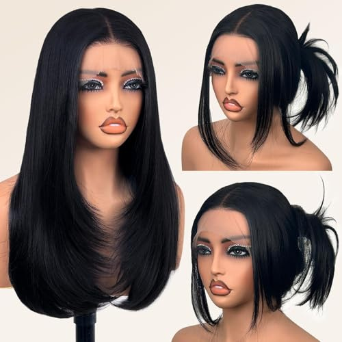 Glueless Synthetic Lace Front Wig 26 Inches Pre Plucke Long Straight Black Wigs for Black Women 13x5x1 HD Lace Hand Tied (#1B Natural Black, 26 Inch)