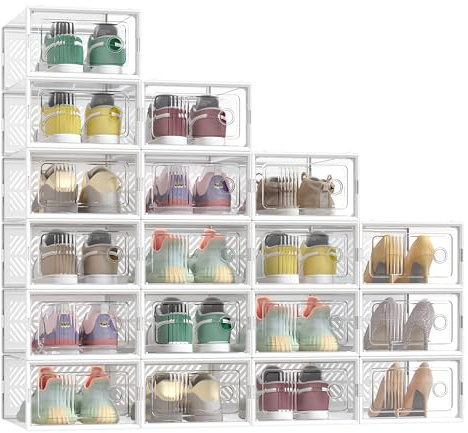 SONGMICS Schuhboxen, 18er Set, Aufbewahrungsbox für Schuhe, robust, faltbar und stapelbar, für Schuhe bis Größe 43, Sportschuhe, High Heels, flache Schuhe, transparent-weiß LSP106W18V2
