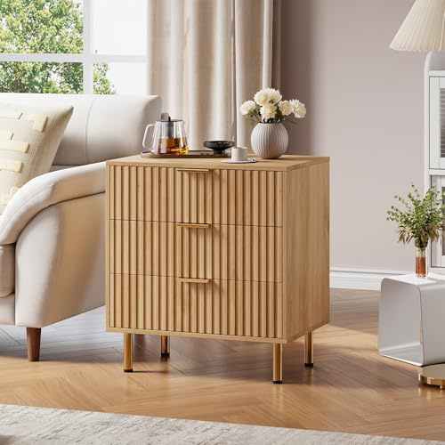 OPULENTHOME Mesita de noche de madera, cómoda con 3 cajones, mesa auxiliar con asas de metal y patas de metal, para dormitorio y salón, 70 x 40 x 76 cm