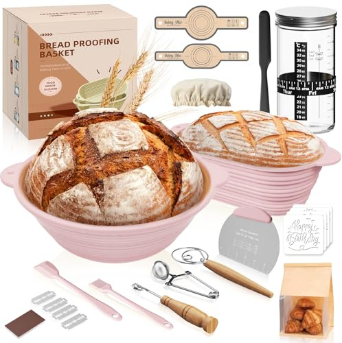 Kit de iniciador de masa madre 12 piezas, 2 cestas plegables de silicona (29 cm ovalada & 28 cm redonda), tarro 730 ml, accesorios para hornear pan – Para principiantes y panaderos experimentados