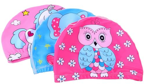 Veemoon Cuffie da Nuoto per Set 3 Pezzi Elastiche Leggere Stampa Cartoni Animati, Cuffie da Bagno Colorate per Ragazzi e Ragazze, Protezione Chioma Confortevole per Piscina e Attività