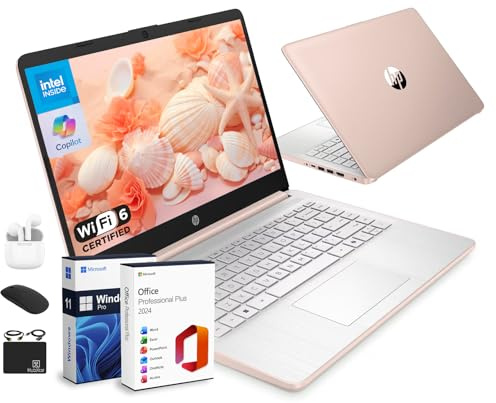 HP 14 Laptop Ultra Portable 2026 Business Home Student Computer, MS Office, Al Copilot, Intel CPU, 16GB RAM, 628GB Storage (128GB SSD + 500GB Ext), Wi-Fi 6, HubxcelAccessory, Win 11 Pro, Rose Gold
