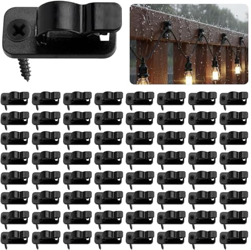 Fooduck 80 Pack Outdoor String Light Clips with Screws, Black Fairy Light Hooks for Fence, Garden, and Patio, Durable Cable Hangers for Christmas Lights, Wire Management Clips for Outdoor Use