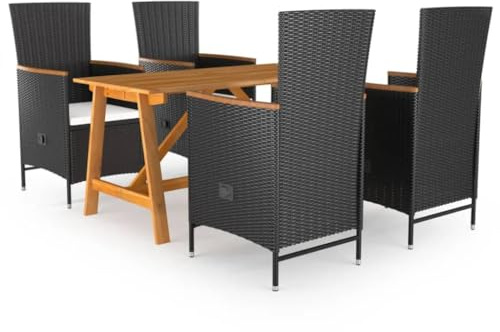 Ziaphsol 5-TLG. Trädgårdsmatgrupp svart med akaciaträbord och polyrattan stolar för terrass, balkong, utomhus, möbelset med stoppkudde och justerbart ryggstöd