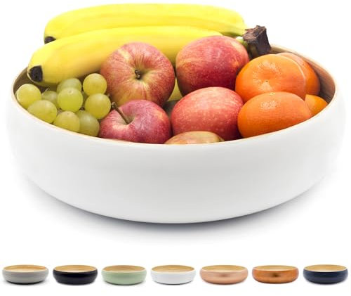 Dehaus® Large Stylish Bamboo Fruit Bowl - 30cm, White - Wooden Salad Serving Bowl - Fruit Basket for Kitchen or Bread Basket - Table Centrepiece Decoration - Home & Kitchen Tableware Accessories