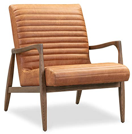 Poly & BARK Rowan Lounge Chair – Mid Century Modern Leather Armchair with Ribbed Seat and Solid Ash Wood Frame, Cognac Tan