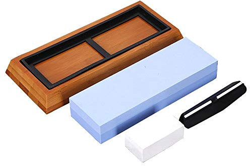 YLXD Schleifstein Wetzstein Set,2-in-1 Profi Abziehstein für Messer mit Körnung 2000/6000 inkl. Messerschärfer,Wasser Abziehstein auf rutschfest Silikonhalter Bambusblock und Läppstein