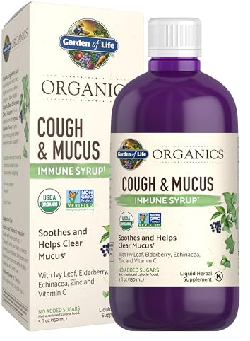 Garden of Life Organics Elderberry Zinc Immune Support for Adults and Kids 12 and Older, Organic Cough & Mucus Immune Syrup with Ivy Leaf, Vitamin C and Echinacea, No Added Sugars, 5 Fl oz