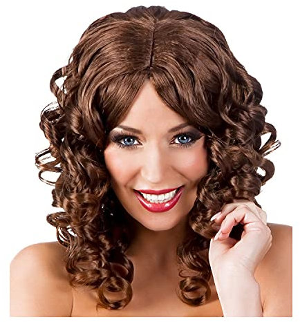 PAPSTAR NEU Perücke Damen Mittelscheitel schulterlange Locken, Cocktail, braun - mit Haarnetz