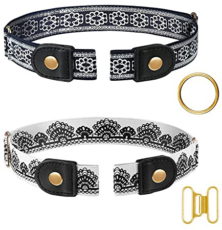 Gürtel Ohne Schnalle,2 pcs Unsichtbarer Stretch-Gürtel Elastischer Schnallenloser Schnallenfreier Schwarz Kein Schnallengürte Taillengürtel,für Damen Frauen Männer Jeans Kleider Hosen,Goldener Knopf