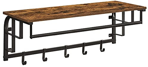 VASAGLE Porte-manteau Mural avec Étagère de Rangement, Étagère Murale avec 5 Crochets Amovibles, Étagère Suspendue avec Tringle, pour Entrée, Chambre, Salon, Marron Rustique et Noir LCR102B01