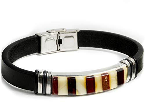 Pulsera de ámbar báltico hecha a mano con correa de piel sintética, cierre de acero inoxidable, UNIVERSELLE, Cuero sintético Acero inoxidable Piedra, Ámbar