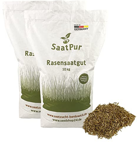 SaatPur® Rasensamen Sport und Spielrasen Dürreresistent 20kg für ca. 600 m², Mehrjährige Rasenmischung aus mehreren Rasenarten, meistens 4 bis 5, satt grün, strapazierfähig, Neusaat und Nachsaat