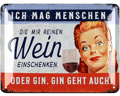 LANOLU Retro Blechschild Bar Schild GIN - REINER WEIN ODER GIN, GIN GEHT AUCH - lustiges Blechschild Küche mit Spruch Menschen die einem reinen Wein - Cocktail Schild als Geschenk 15x20cm
