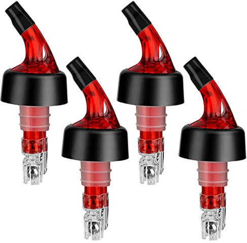 NFFIBDH Automatic Measured Bottle Pourer - Quick Shot Spirit Measure Pourer with Dust Caps for Wine Cocktail Home Bar Tools - 1.5oz/45ml(Red, 4 Pack)