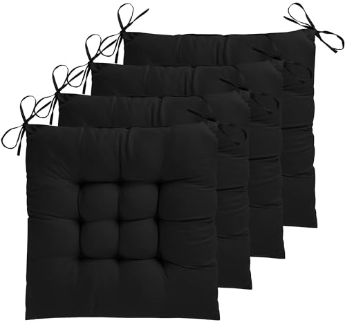 ELFJOY 4 Pack Chair Cushions for Dining Chairs 17x17 inch Seat Cushions for Kitchen Chairs Soft and Comfortable Square Chair Pads with Ties, Black