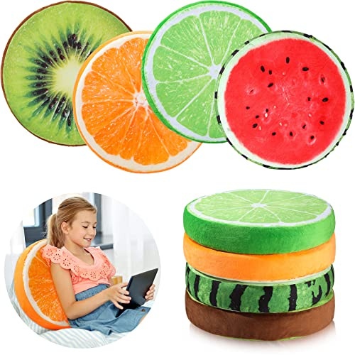 Coume 4 Pcs 15.7 Inch Fruit Pillows Round Floor Cushions 3D Watermelon Kiwi Lemon Orange Decorative Stuffed Throw Pillows Chair Toy Seat Floor Seat Cushions for Kids Couch Sofa Classroom