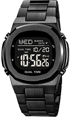 Men's Multifunctional Electronic Watch Outdoor Sports Watch EL Light Large Digital Display Timing Stainless Steel Digital Watch Men(Black2)