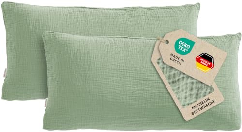 Pure Label Musselin Kissenbezug 2er Set 40x80 cm 100% Baumwolle - Grün | Traumhaft weiche, kuschelige Bettwäsche-Sets aus Musselin - 40° Waschbar